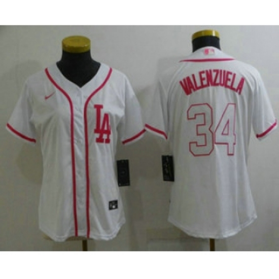 Women's Los Angeles Dodgers #34 Fernando Valenzuela Pink White Stitched Baseball Jersey - Ujersey