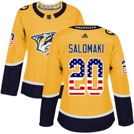 Women's Adidas Nashville Predators #20 Miikka Salomaki Authentic Gold USA Flag Fashion NHL Jersey