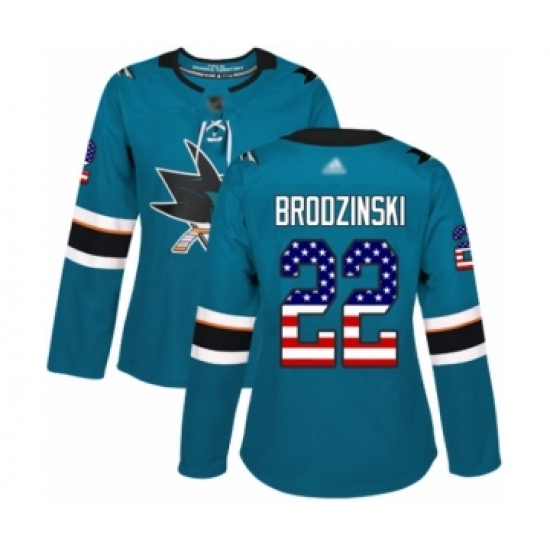 Women's San Jose Sharks #22 Jonny Brodzinski Authentic Teal Green USA Flag Fashion Hockey Jersey - Ujersey