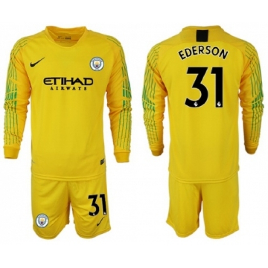 Manchester City #31 Ederson Yellow Goalkeeper Long Sleeves Soccer Club Jersey