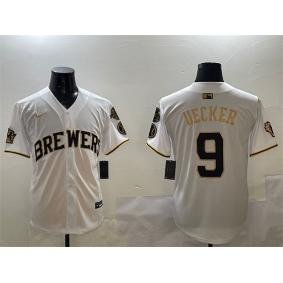 Men's Milwaukee Brewers #9 Bob Uecker White Gold With Home Limited Stitched Baseball Jersey - Ujersey