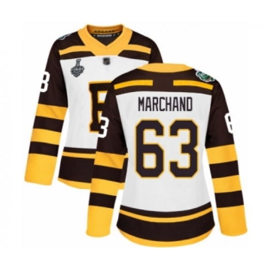 Women's Boston Bruins #63 Brad Marchand Authentic White Winter Classic 2019 Stanley Cup Final Bound Hockey Jersey - Ujersey