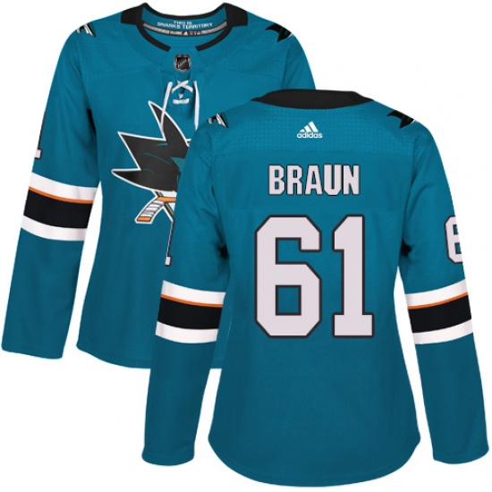Women's Adidas San Jose Sharks #61 Justin Braun Premier Teal Green Home NHL Jersey