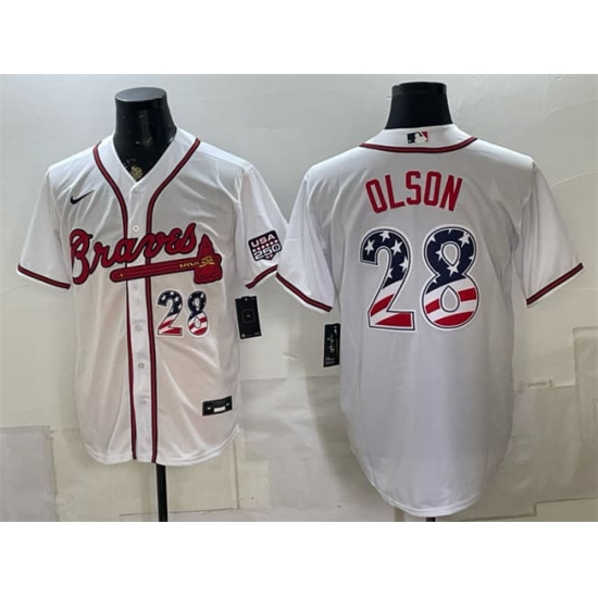 Men's Atlanta Braves #28 Matt Olson White USA 250 Fourth of July Home Stadium Stitched Baseball Jersey
