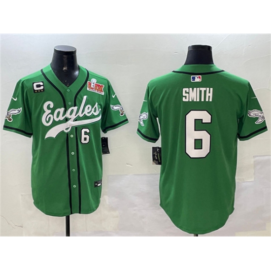 Men's Philadelphia Eagles #6 DeVonta Smith Green 2025 Super Bowl LIX And 3-Star C Stitched Baseball Jersey - Ujersey