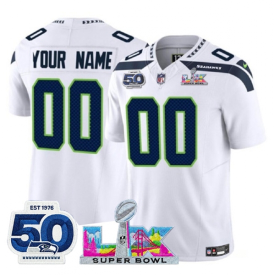 Men's Seattle Seahawks Active Player Custom White 2025 F.U.S.E. Super Bowl LX Patch And 50th Season Patch Vapor Limited Football Stitched Jersey - Ujersey