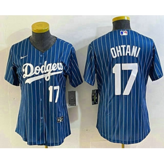 Women's Los Angeles Dodgers #17 Shohei Ohtani Number Blue Pinstripe Cool Base Stitched Baseball Jersey - Ujersey