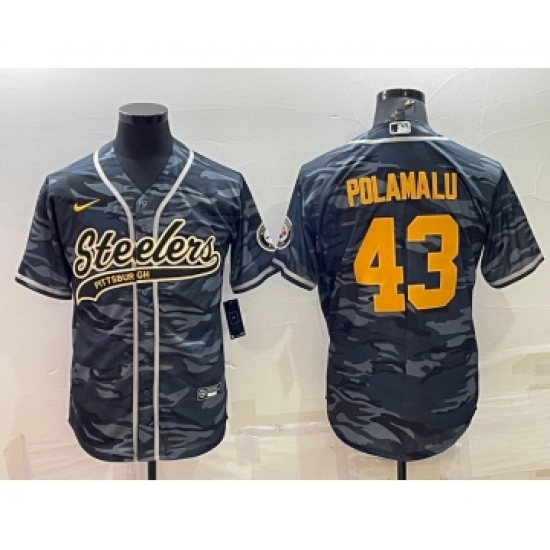 Men's Pittsburgh Steelers #43 Troy Polamalu Grey Navy Camo With Patch Cool Base Stitched Baseball Jersey - Ujersey