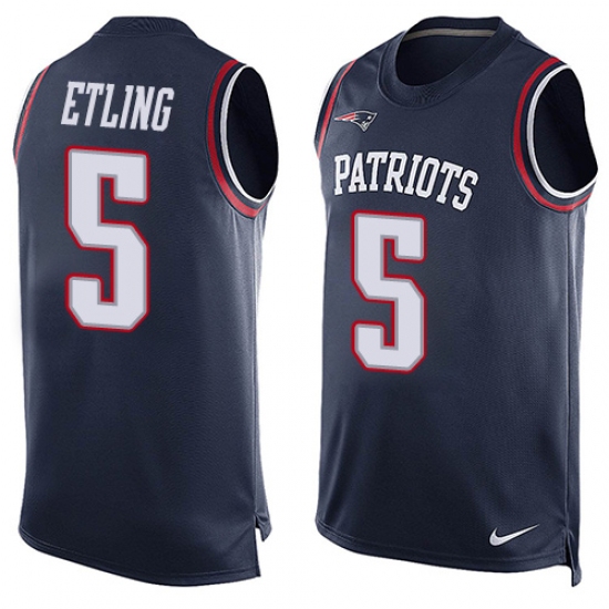 Men's Nike New England Patriots #5 Danny Etling Limited Navy Blue Player Name & Number Tank Top NFL Jersey - Ujersey