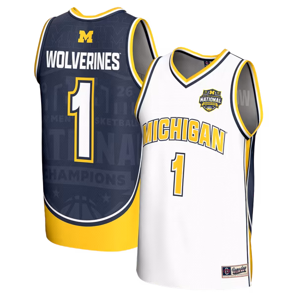 Youth GameDay Greats White Michigan Wolverines 2026 NCAA Men's Basketball National Champions #1 Commemorative Fashion Jersey