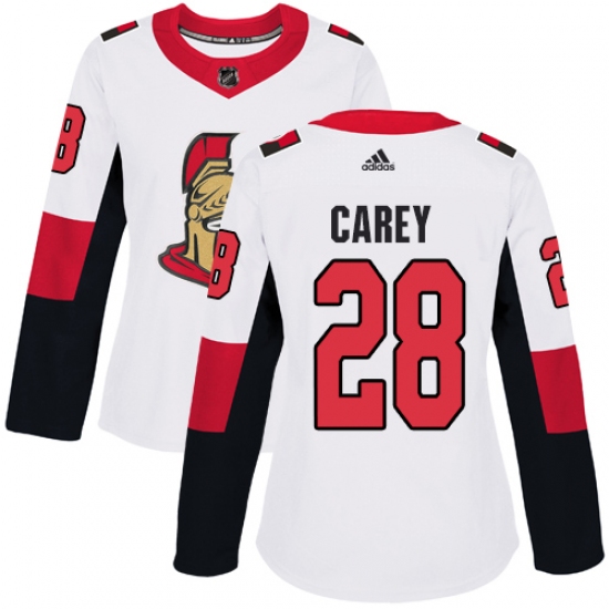 Women's Adidas Ottawa Senators #28 Paul Carey Authentic White Away NHL Jersey - Ujersey