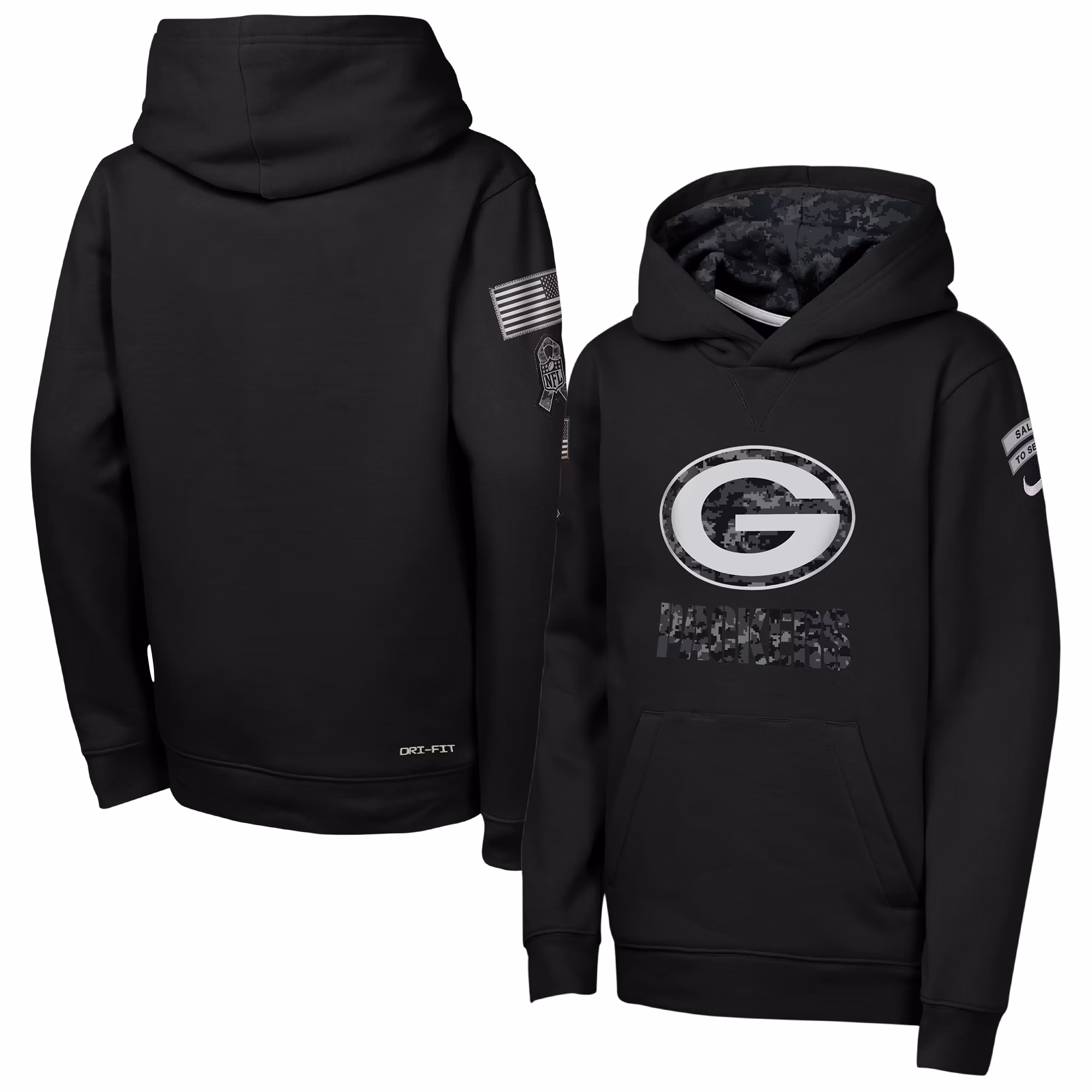 Youth Green Bay Packers  Nike Black 2026 Salute to Service Club Fleece Pullover Hoodie - Ujersey