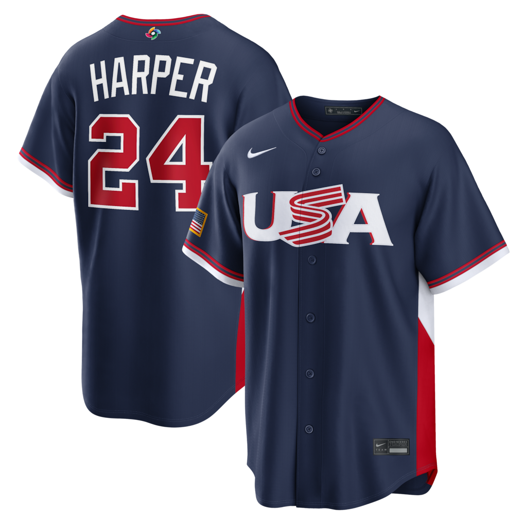 Men's USA Baseball Bryce Harper Nike Navy 2026 World Baseball Classic Road Stadium Jersey - Ujersey