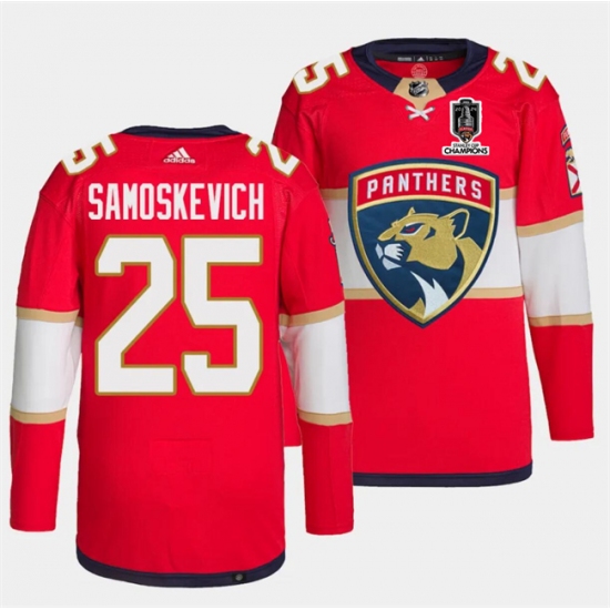 Men's Florida Panthers #25 Mackie Samoskevich Red Home 2024 Stanley Cup Champions Stitched Jersey - Ujersey