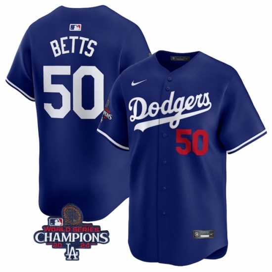 Men's Los Angeles Dodgers #50 Mookie Betts Royal 2024 World Series Champions Alternate Limited Stitched Baseball Jersey - Ujersey