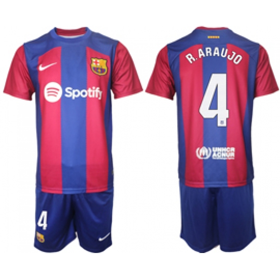 Men's Barcelona #4 R.Araujo Blue Red 2023-24 Home Soccer Jersey
