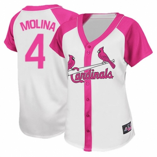 Women's Majestic St. Louis Cardinals #4 Yadier Molina Replica White Pink Splash Fashion MLB Jersey - Ujersey