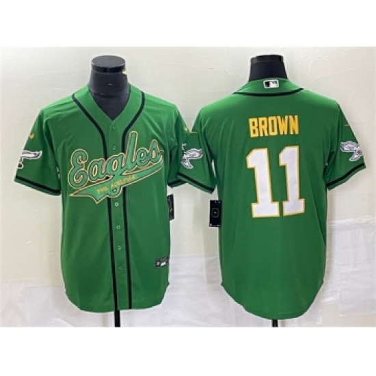Men's Nike Philadelphia Eagles #11 A. J. Brown Green Gold Cool Base Baseball Stitched Jersey - Ujersey