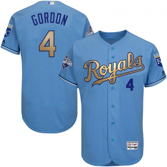 Men's Majestic Kansas City Royals #4 Alex Gordon Authentic Light Blue 2015 World Series Champions Gold Program FlexBase MLB Jersey