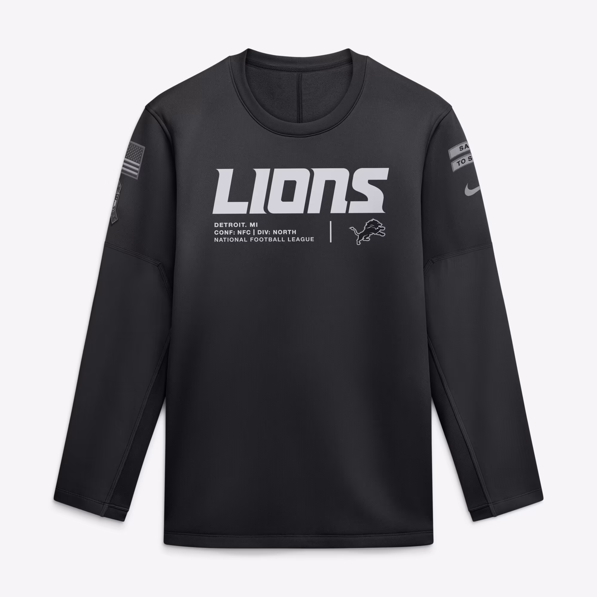 Men's Detroit Lions  Nike Black 2026 Salute to Service Sideline Coaches Crewneck Therma-FIT Sweatshirt