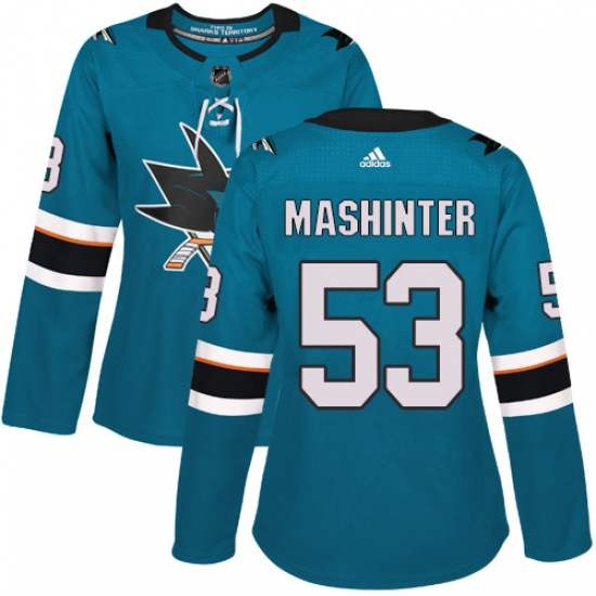Women's Adidas San Jose Sharks #53 Brandon Mashinter Authentic Teal Green Home NHL Jersey - Ujersey