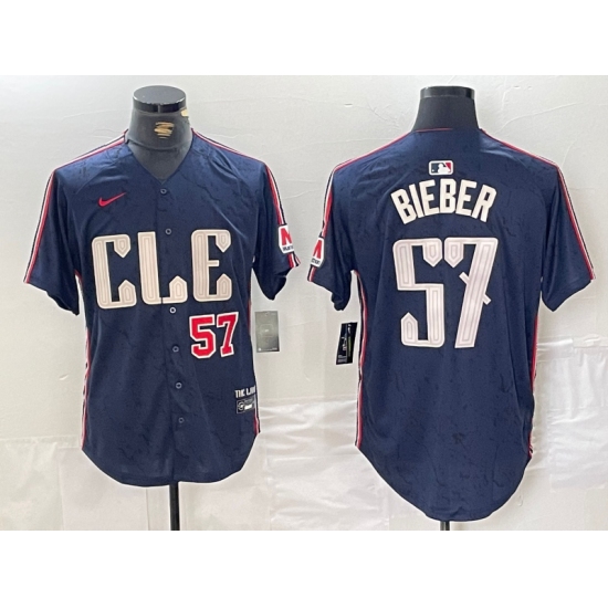 Men's Cleveland Guardians #57 Shane Bieber Number Navy 2024 City Connect Limited Stitched Jerseys - Ujersey