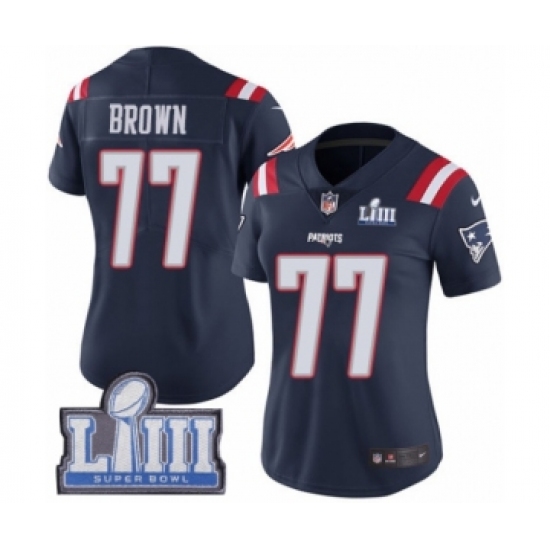 Women's Nike New England Patriots #77 Trent Brown Limited Navy Blue Rush Vapor Untouchable Super Bowl LIII Bound NFL Jersey - Ujersey