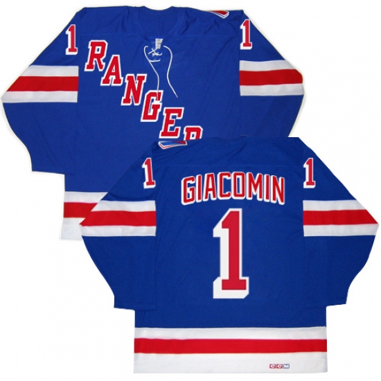 Men's CCM New York Rangers #1 Eddie Giacomin Authentic Royal Blue New Throwback NHL Jersey - Ujersey