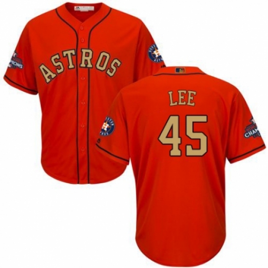 Youth Majestic Houston Astros #45 Carlos Lee Authentic Orange Alternate 2018 Gold Program Cool Base MLB Jersey - Ujersey