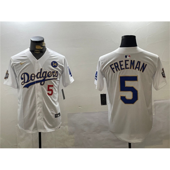 Men's Los Angeles Dodgers #5 Freddie Freeman White Gold 2024 World Series With No. 34 Home Limited Stitched Baseball Jersey