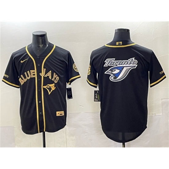 Men's Toronto Blue Jays Team Big Logo Black Gold Cool Base Stitched Jersey - Ujersey