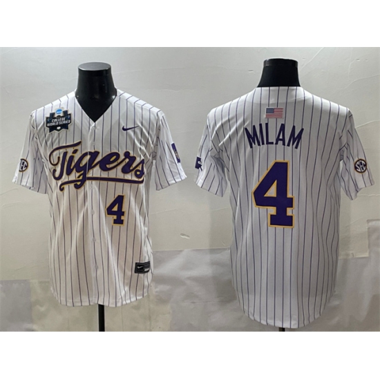 Men's LSU Tigers #4 Steven Milam White Pinstripe 2025 World Series & SEC Patch Stitched Baseball Jersey - Ujersey