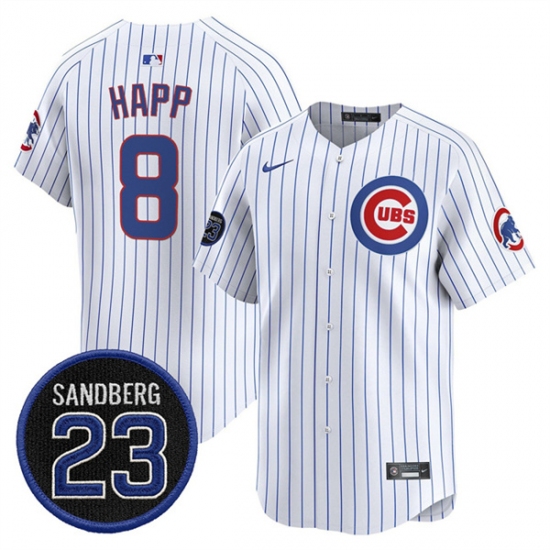 Men's Chicago Cubs #8 lan Happ White Pinstripe 'Ryne Sandberg Tribute' Vapor Limited V2 Stitched Baseball Jersey - Ujersey