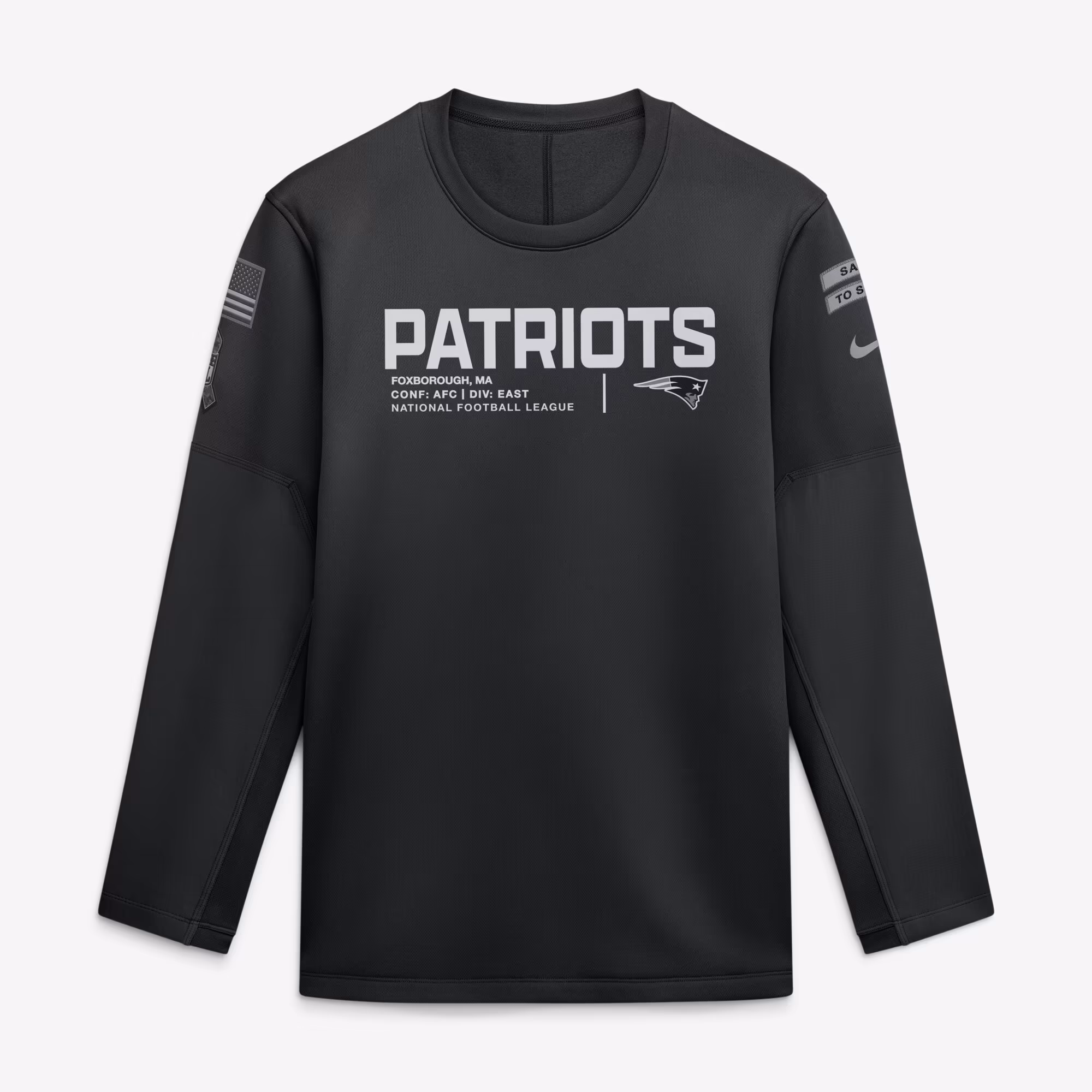 Men's New England Patriots  Nike Black 2026 Salute to Service Sideline Coaches Crewneck Therma-FIT Sweatshirt