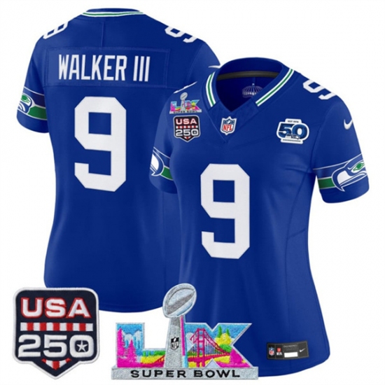 Women's Seattle Seahawks #9 Kenneth Walker III Royal 2025 F.U.S.E. Super Bowl LX And 50th Season & USA 250 Vapor Throwback Limited Stitched Football Jersey - Ujersey