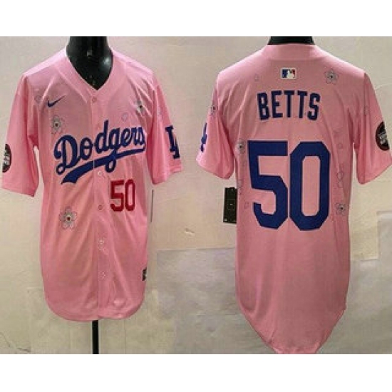 Men's Los Angeles Dodgers #50 Mookie Betts Pink 2025 Tokyo Series Limited Jersey - Ujersey