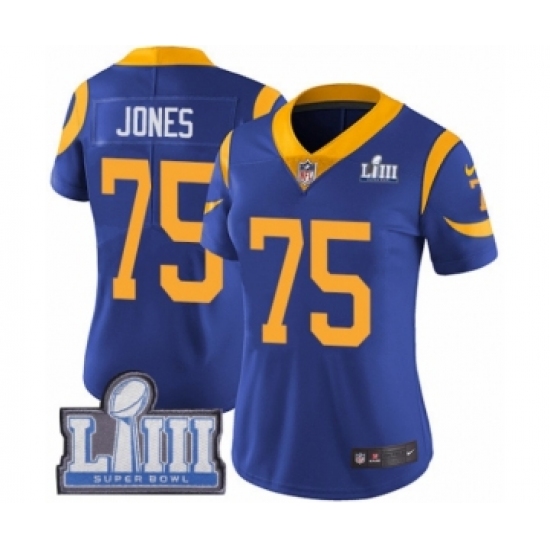 Women's Nike Los Angeles Rams #75 Deacon Jones Royal Blue Alternate Vapor Untouchable Limited Player Super Bowl LIII Bound NFL Jersey - Ujersey