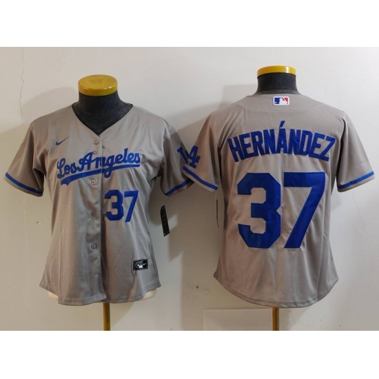 Women's Los Angeles Dodgers #37 Teoscar Hernandez Number Grey With Los Cool Base Stitched Jerseys - Ujersey