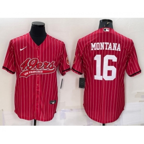 Men's San Francisco 49ers #16 Joe Montana Red Pinstripe With Patch Cool Base Stitched Baseball Jersey - Ujersey