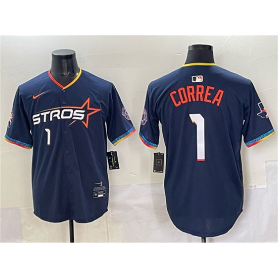 Men's Houston Astros #1 Carlos Correa Navy 2025 City Connect With Texas Limited Stitched Baseball Jersey - Ujersey