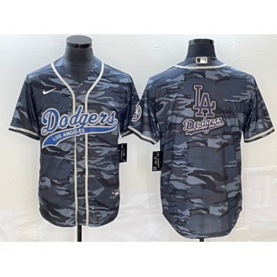 Men's Los Angeles Dodgers Gray Camo Team Big Logo Cool Base Stitched Baseball Jersey 1 - Ujersey