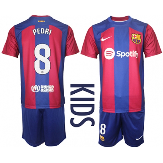 Youth Barcelona #8 Pedri Blue Red 2023-24 Home Soccer Jersey