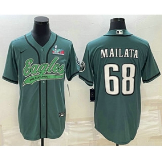 Men's Philadelphia Eagles #68 Jordan Mailata Green With Super Bowl LVII Patch Cool Base Stitched Baseball Jersey - Ujersey