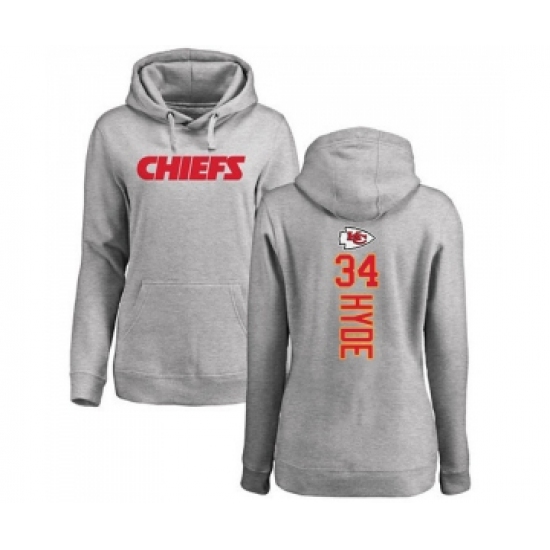 Football Women's Kansas City Chiefs #34 Carlos Hyde Ash Backer Pullover Hoodie - Ujersey