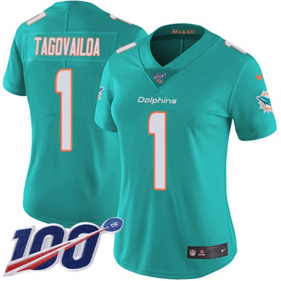 Women's Miami Dolphins #1 Tua Tagovailoa Aqua Green Team Color Stitched 100th Season Vapor Untouchable Limited Jersey - Ujersey