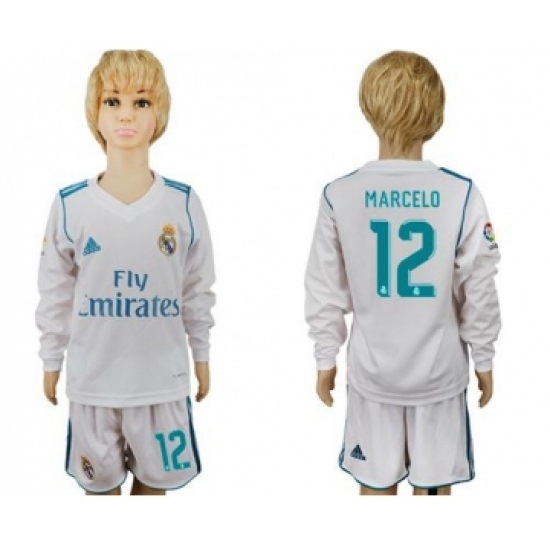 Real Madrid #12 Marcelo Home Long Sleeves Kid Soccer Club Jersey