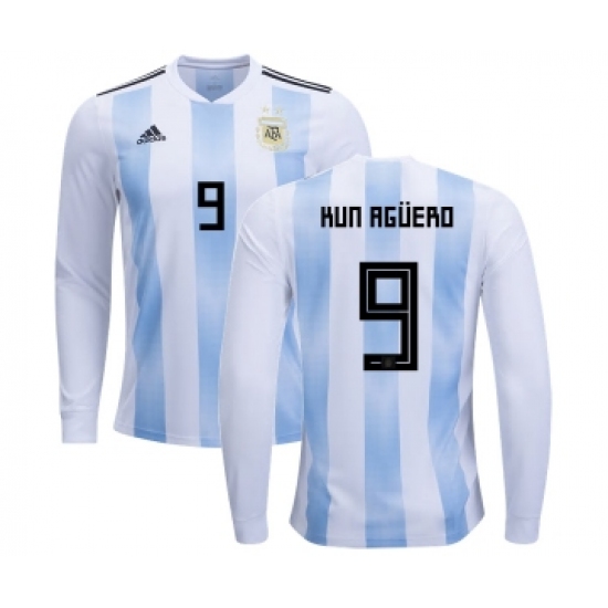 Argentina #9 Kun Aguero Home Long Sleeves Kid Soccer Country Jersey