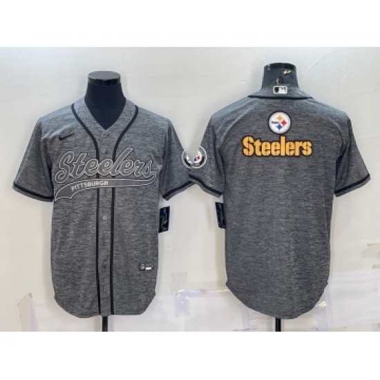 Men's Pittsburgh Steelers Grey Gridiron Team Big Logo Cool Base Stitched Baseball Jersey - Ujersey