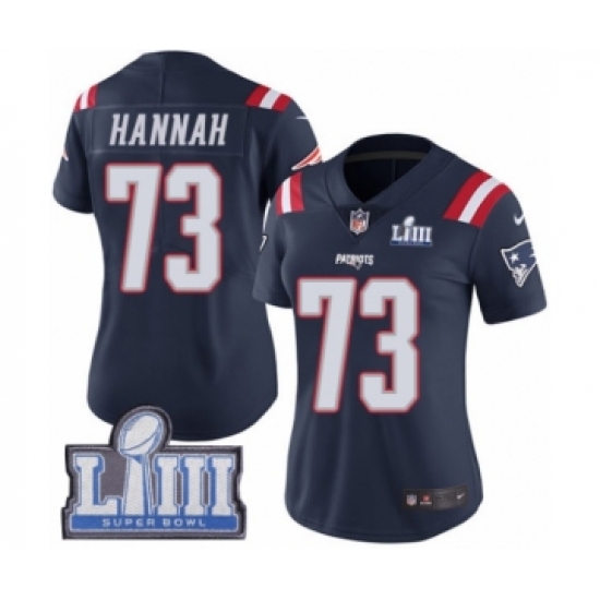 Women's Nike New England Patriots #73 John Hannah Limited Navy Blue Rush Vapor Untouchable Super Bowl LIII Bound NFL Jersey - Ujersey