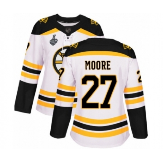 Women's Boston Bruins #27 John Moore Authentic White Away 2019 Stanley Cup Final Bound Hockey Jersey